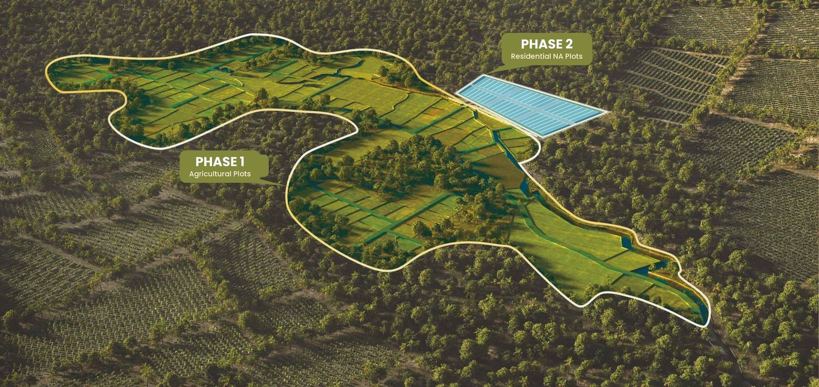 Green Echoes master plan showing Phase 1 agricultural plots and Phase 2 residential NA plots
