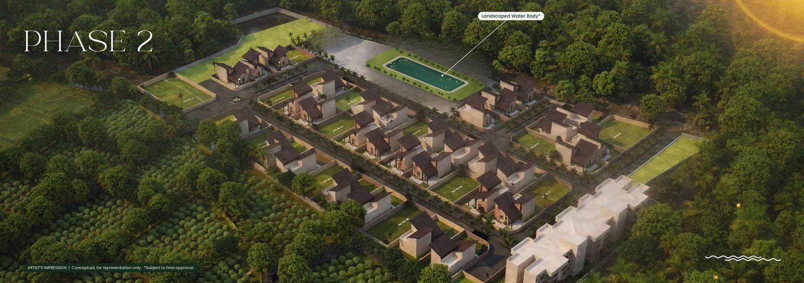 Aerial artist's impression of Green Echoes Phase 2 villa layout with landscaped water body